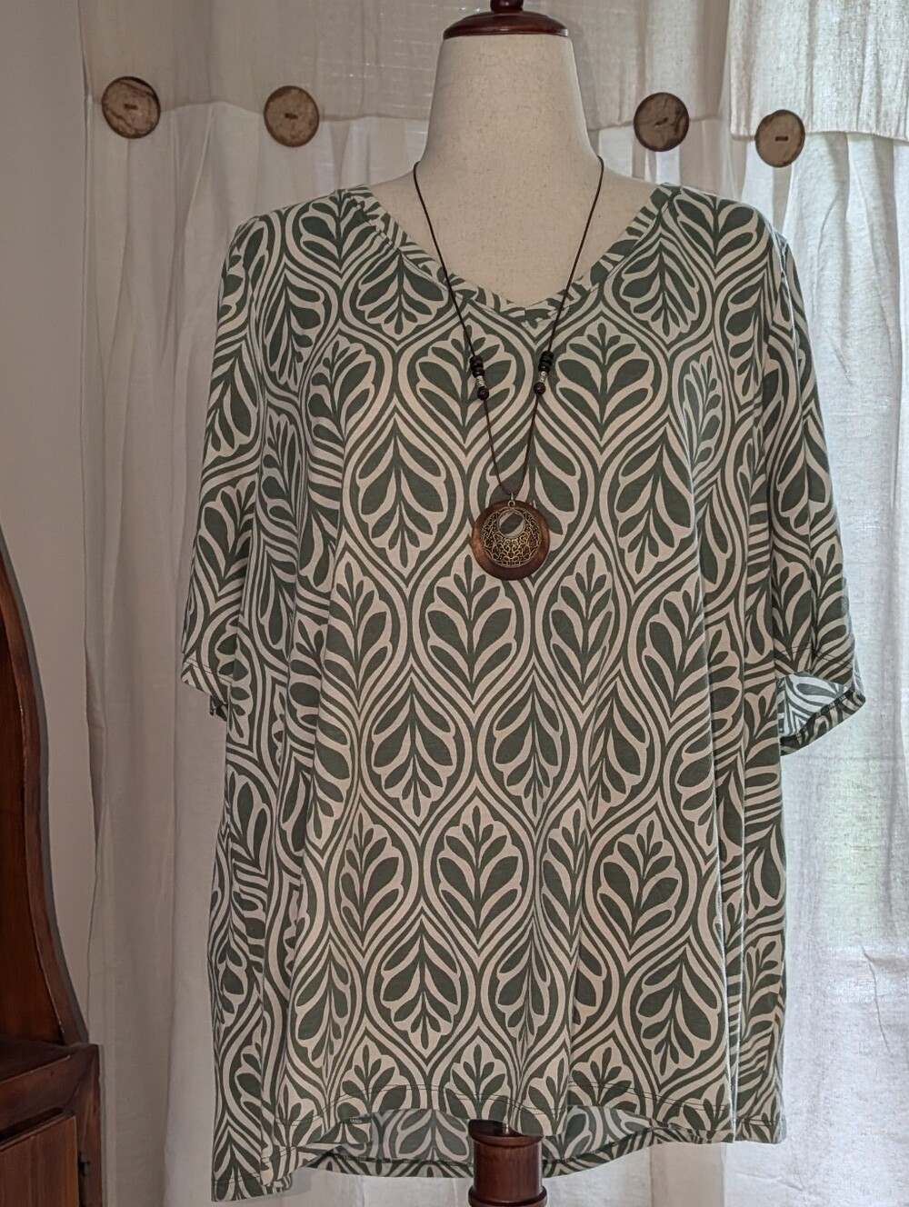 Lane Bryant Laced Back, Green and Cream Leaf Print Tunic